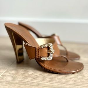 Giuseppe Zanotti Brown Leather Heeled Western Flip Flop Sandals